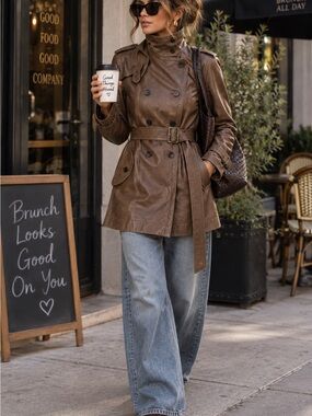 Banana Republic Genuine Leather Brown Belted Trench Coat Size M